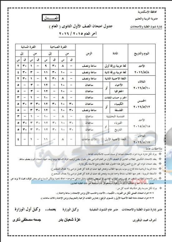 جدول مواعيد إمتحانات الترم الثانى لمحافظة الإسكندرية 2016 ... القبول الموحد