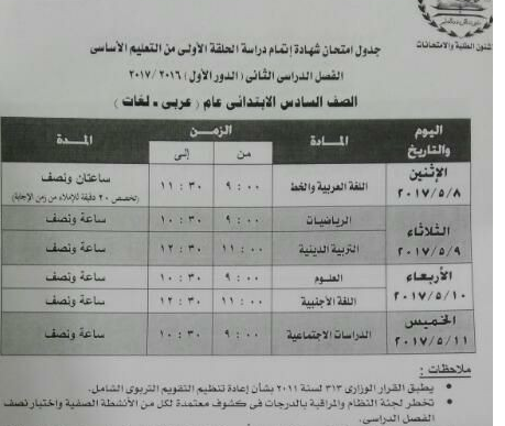 جدول امتحانات الشهادة الابتدائية بمحافظة الجيزة